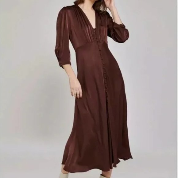 Ghost London Madison Dress Brown Size XS Satin Button Front $260 - Picture 2 of 3